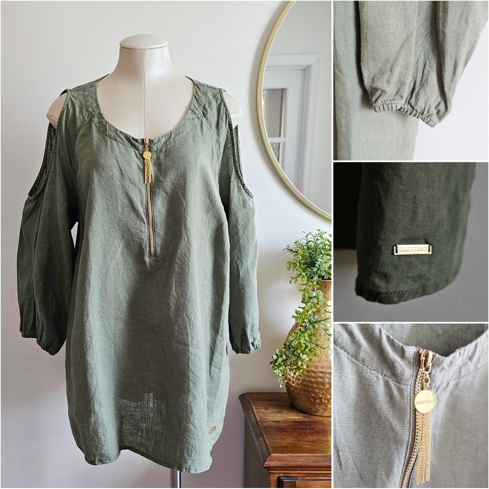 Ellen Tracy Linen Cold Shoulder Olive Green Tunic Blouse Women’s Plus 1X